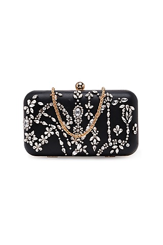 Black Sheepskin Leather Embroidered Clutch by Richa Gupta