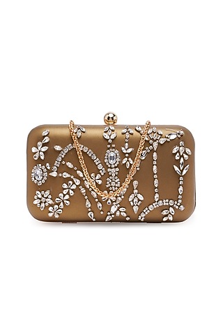 Gold Sheepskin Leather Embroidered Clutch by Richa Gupta
