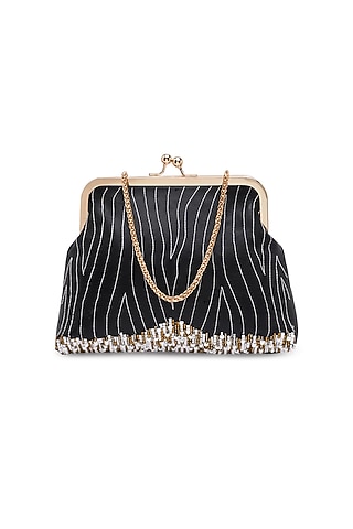 Black Sheepskin Leather Hand Embroidered Clutch by Richa Gupta