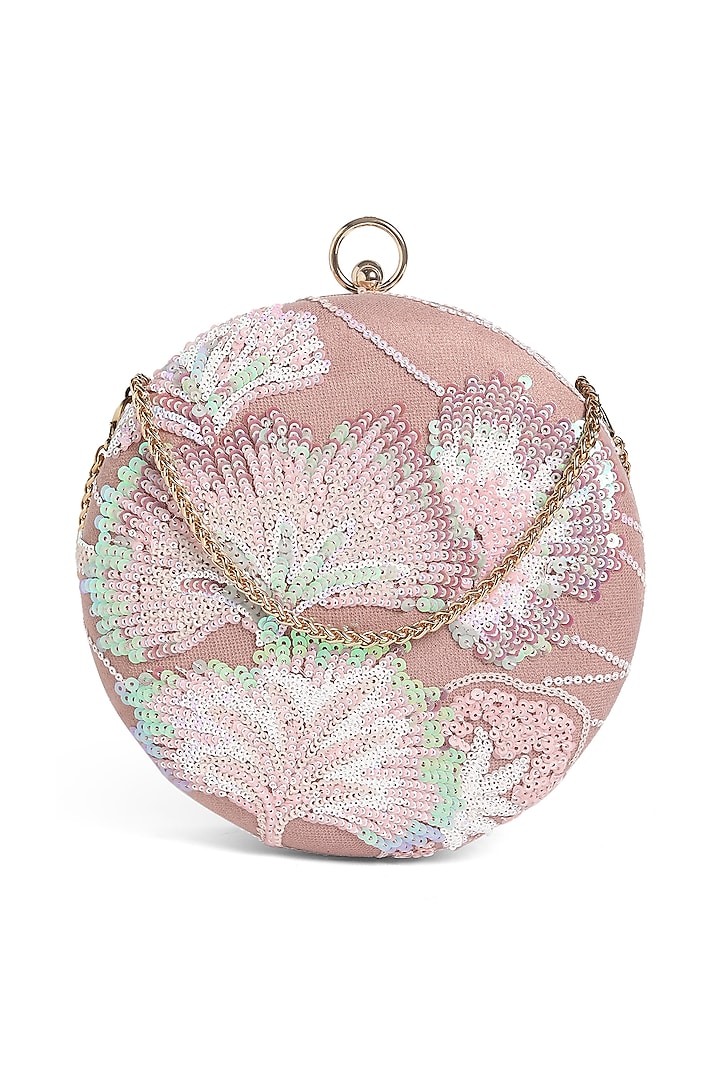 Pink Suede Thread Embroidered Round Clutch by Richa Gupta