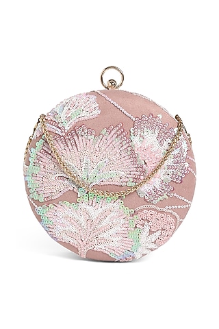 Pink Suede Thread Embroidered Round Clutch by Richa Gupta