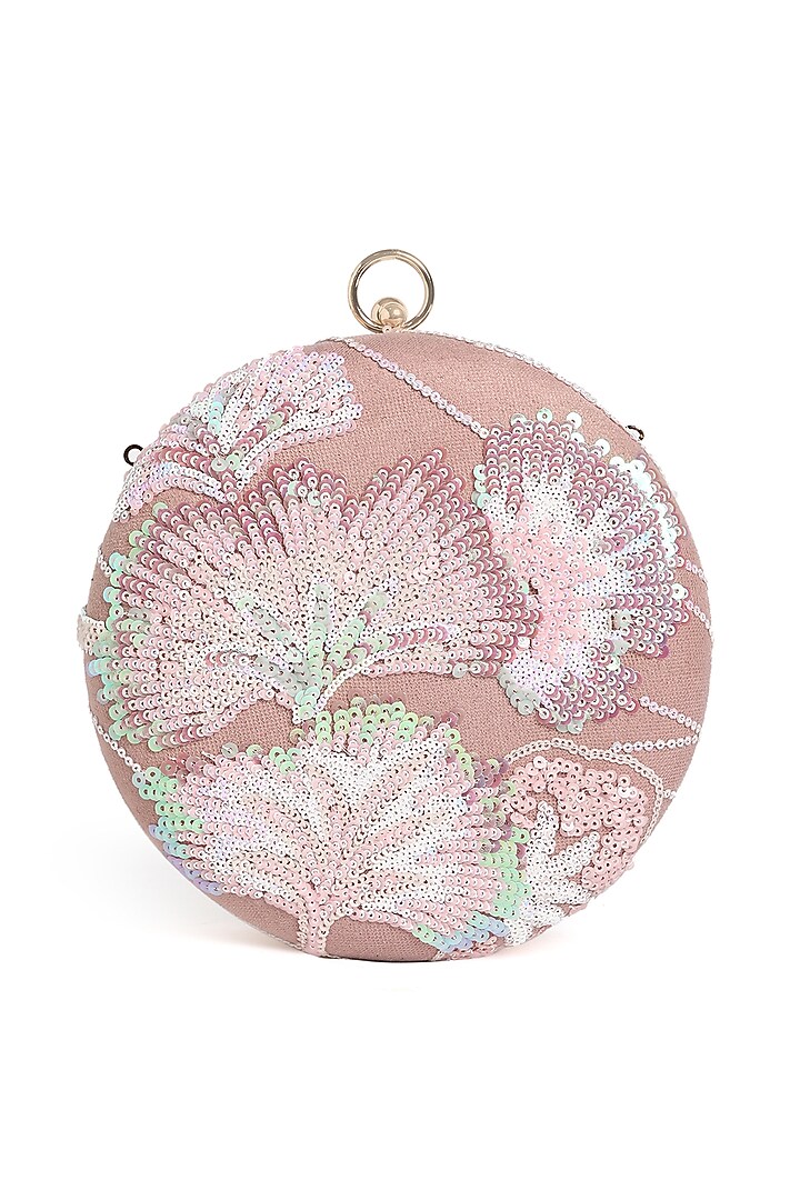 Pink Suede Thread Embroidered Round Clutch by Richa Gupta at Pernia's Pop Up Shop