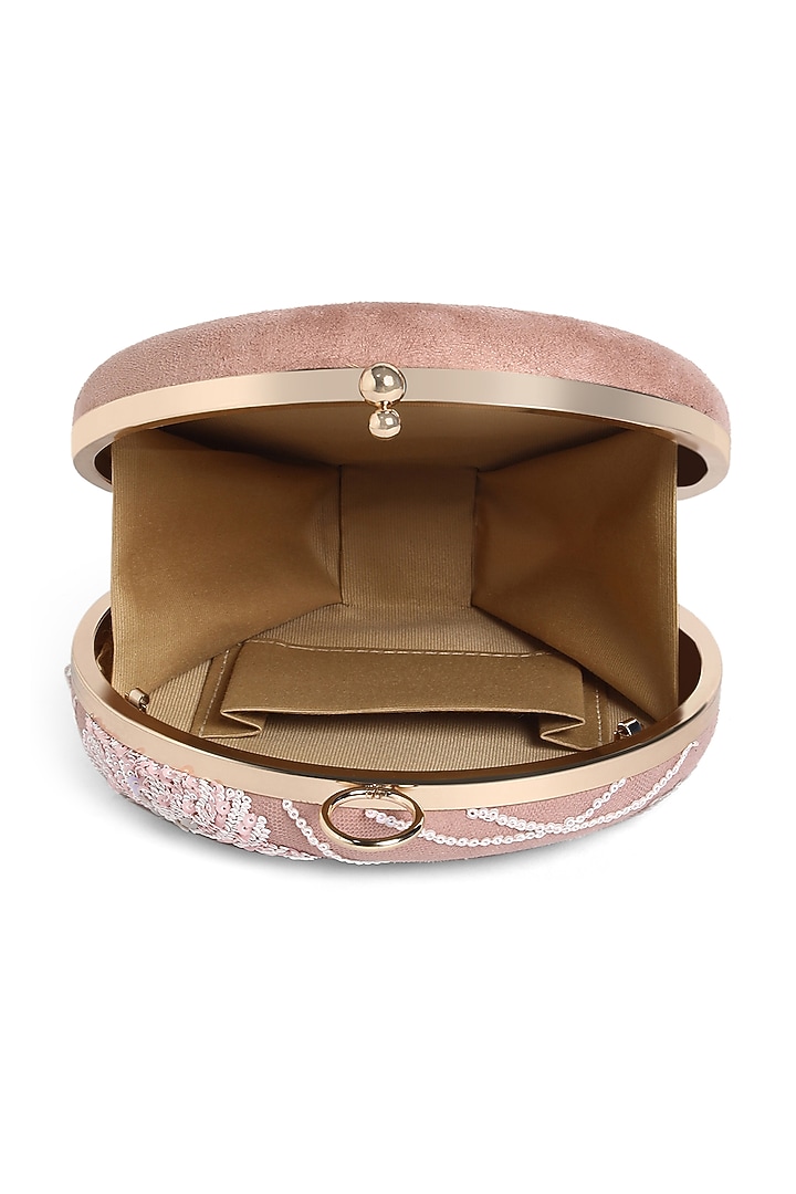 Pink Suede Thread Embroidered Round Clutch by Richa Gupta at Pernia's Pop Up Shop