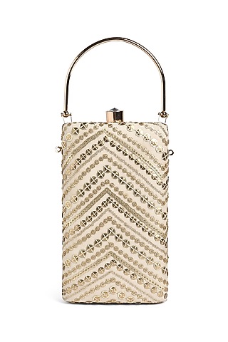 Gold Suede Thread Embroidered Rectangle Clutch by Richa Gupta