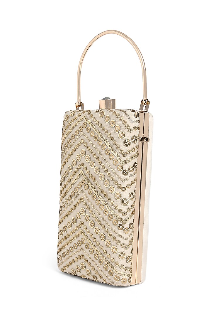Gold Suede Thread Embroidered Rectangle Clutch by Richa Gupta at Pernia's Pop Up Shop