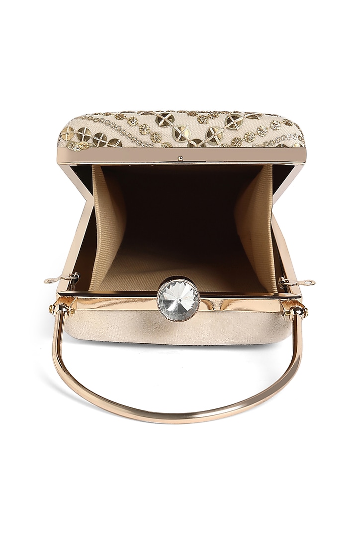 Gold Suede Thread Embroidered Rectangle Clutch by Richa Gupta at Pernia's Pop Up Shop