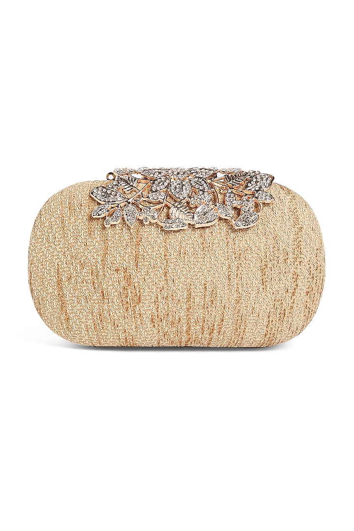 Gold Textured Fabric Embroidered Clutch by Richa Gupta