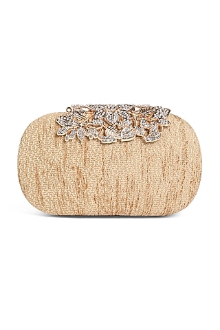 Gold Textured Fabric Embroidered Clutch by Richa Gupta