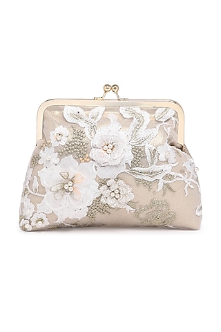 White Suede Thread Embroidered Clutch by Richa Gupta