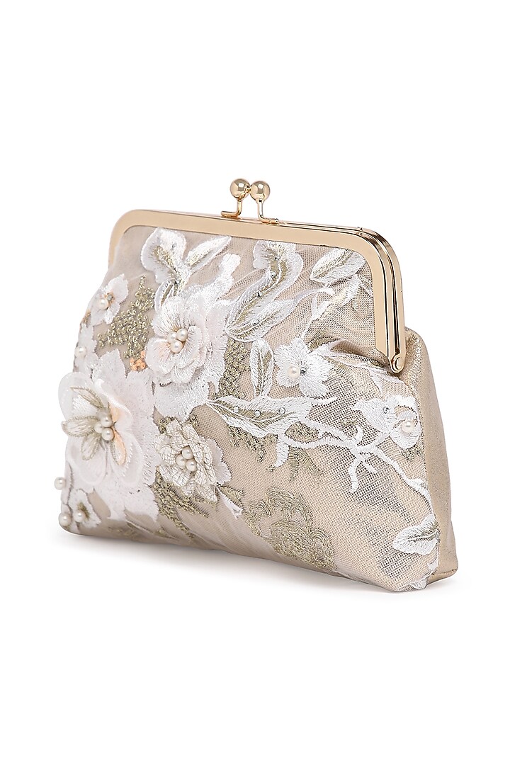 White Suede Thread Embroidered Clutch by Richa Gupta at Pernia's Pop Up Shop