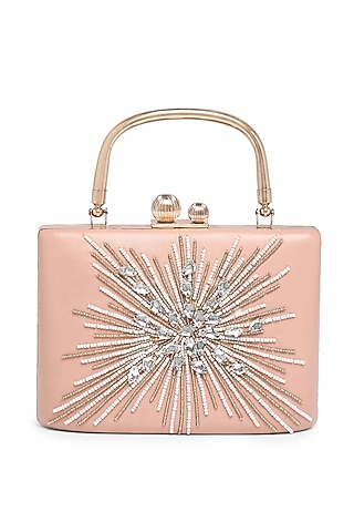 Pink Pure Sheepskin Leather Bead Embroidered Box Clutch by Richa Gupta