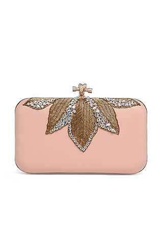 Pink Pure Sheepskin Leather Hand Embroidered Box Clutch by Richa Gupta
