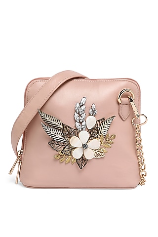 Pink Pure Sheepskin Leather Embroidered Pouch by Richa Gupta