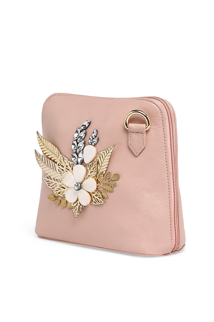 Pink Pure Sheepskin Leather Embroidered Pouch by Richa Gupta at Pernia's Pop Up Shop
