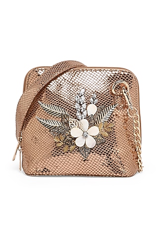 Gold Pure Sheepskin Leather Hand Embroidered Pouch by Richa Gupta