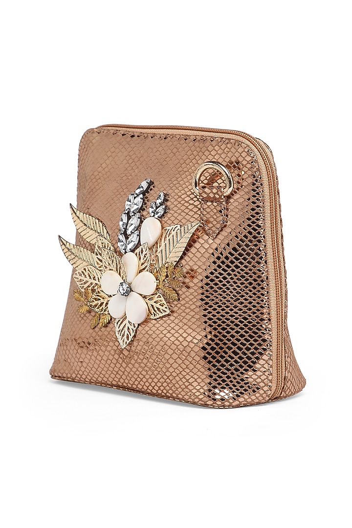 Gold Pure Sheepskin Leather Hand Embroidered Pouch by Richa Gupta at Pernia's Pop Up Shop