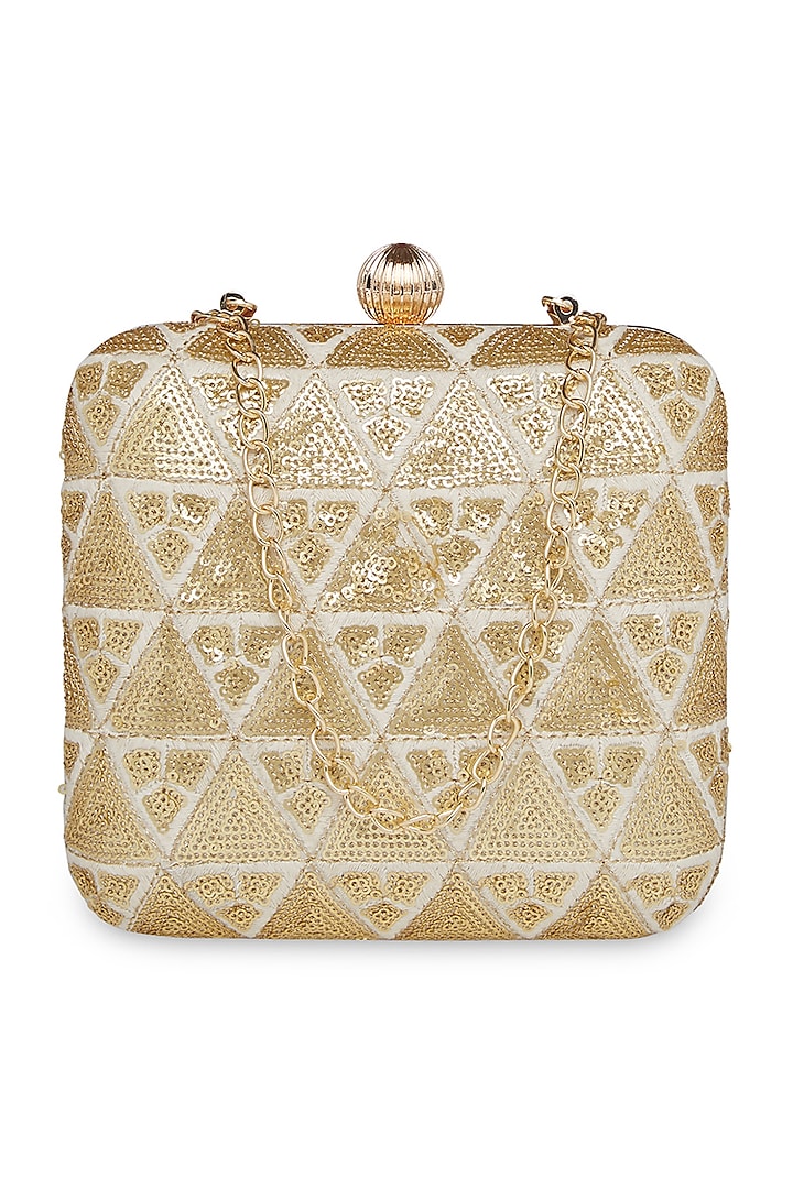 Off White & Gold Embroidered Square Clutch by Richa Gupta at Pernia's Pop Up Shop