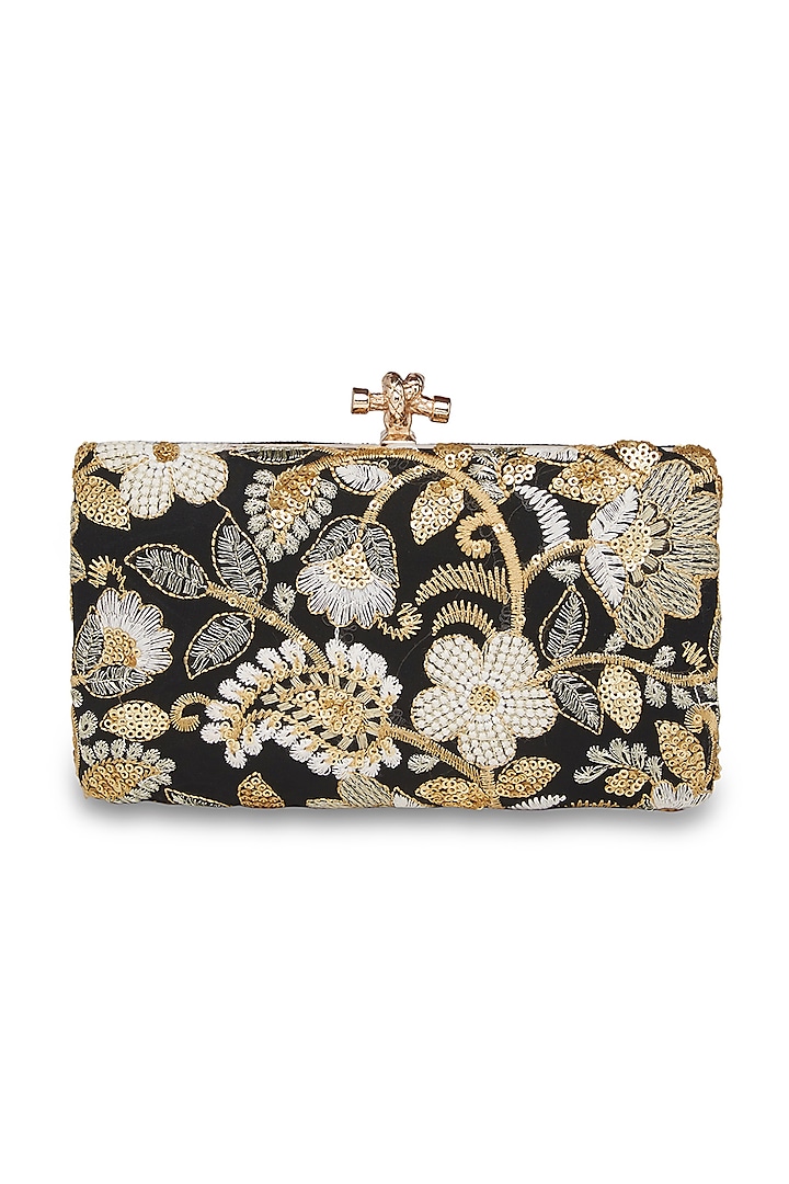 Black Floral Embroidered Clutch by Richa Gupta