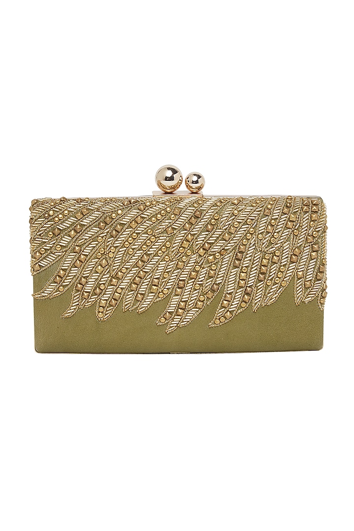 Olive Green Handcrafted Embroidered Clutch by Richa Gupta