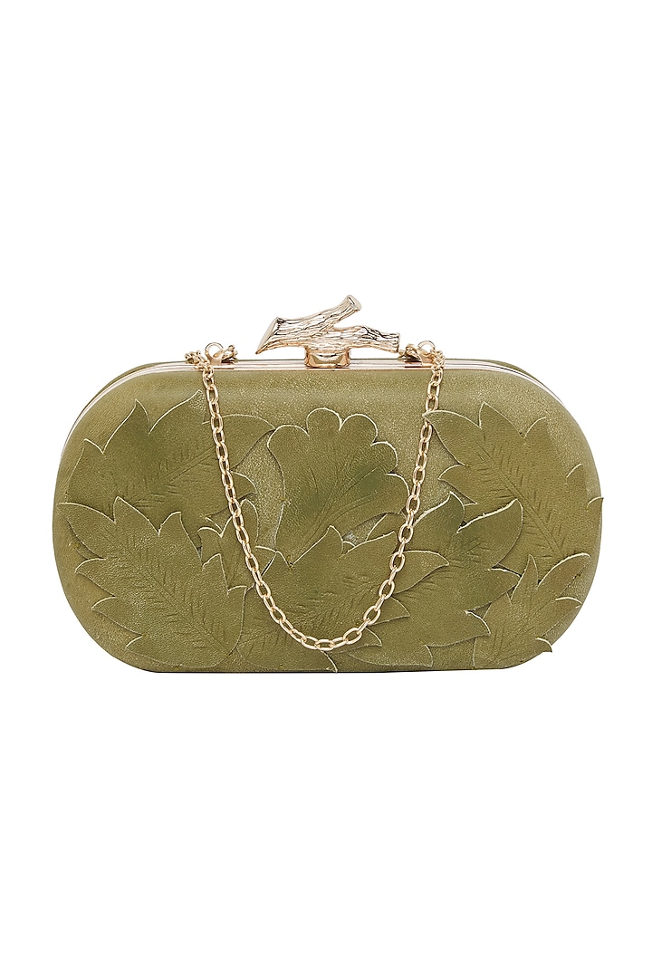 Olive Green Handcrafted Leather Clutch by Richa Gupta
