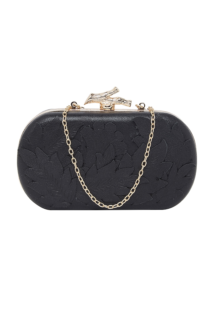 Black Handcrafted Leather Clutch by Richa Gupta