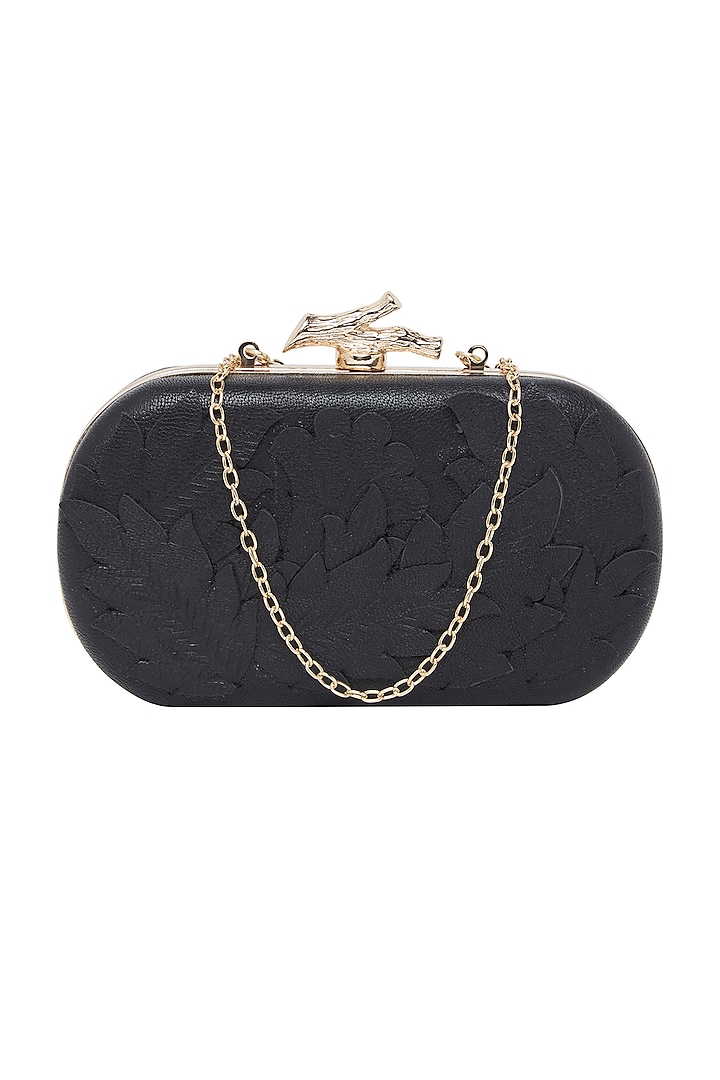 Black Handcrafted Leather Clutch by Richa Gupta at Pernia's Pop Up Shop