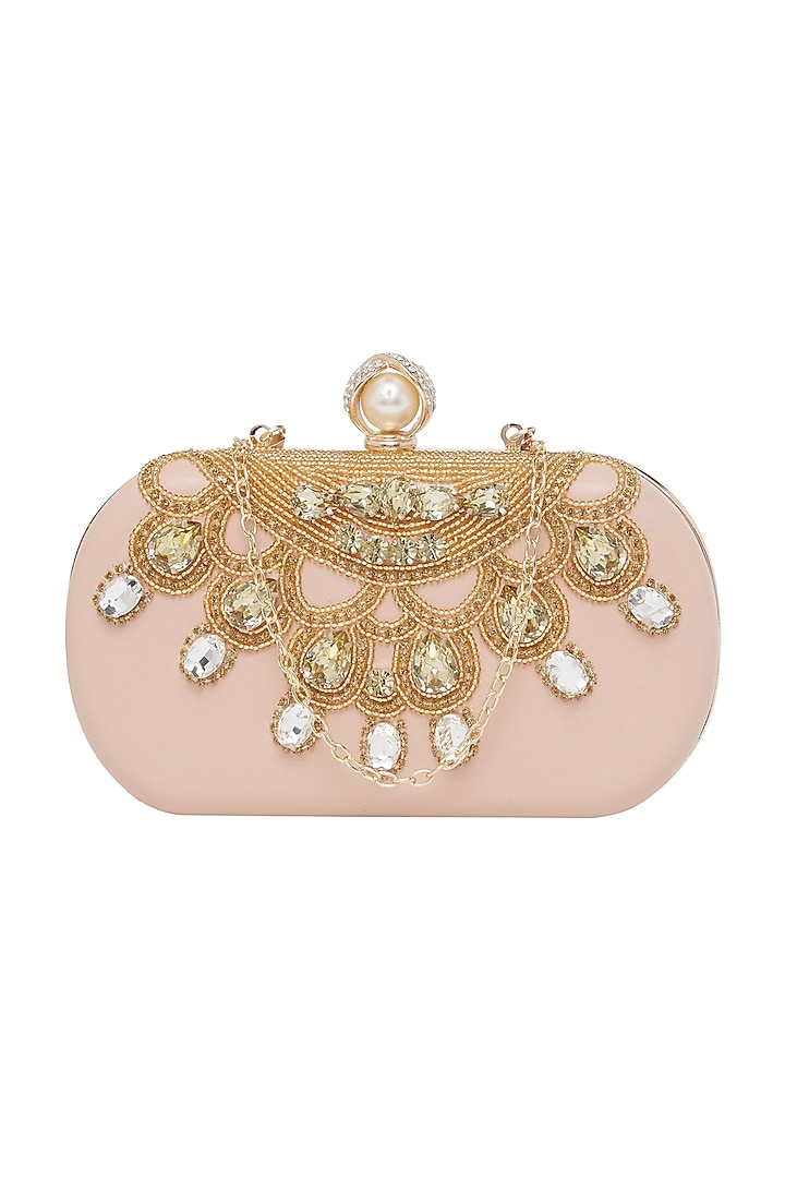 Blush Pink Embroidered Clutch With Pearl Knob by Richa Gupta