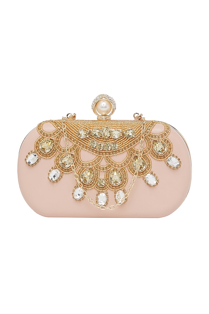 Blush Pink Embroidered Clutch With Pearl Knob by Richa Gupta at Pernia's Pop Up Shop