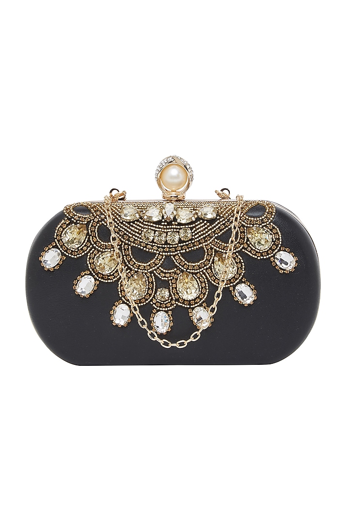 Black Embroidered Clutch With Pearl Knob by Richa Gupta