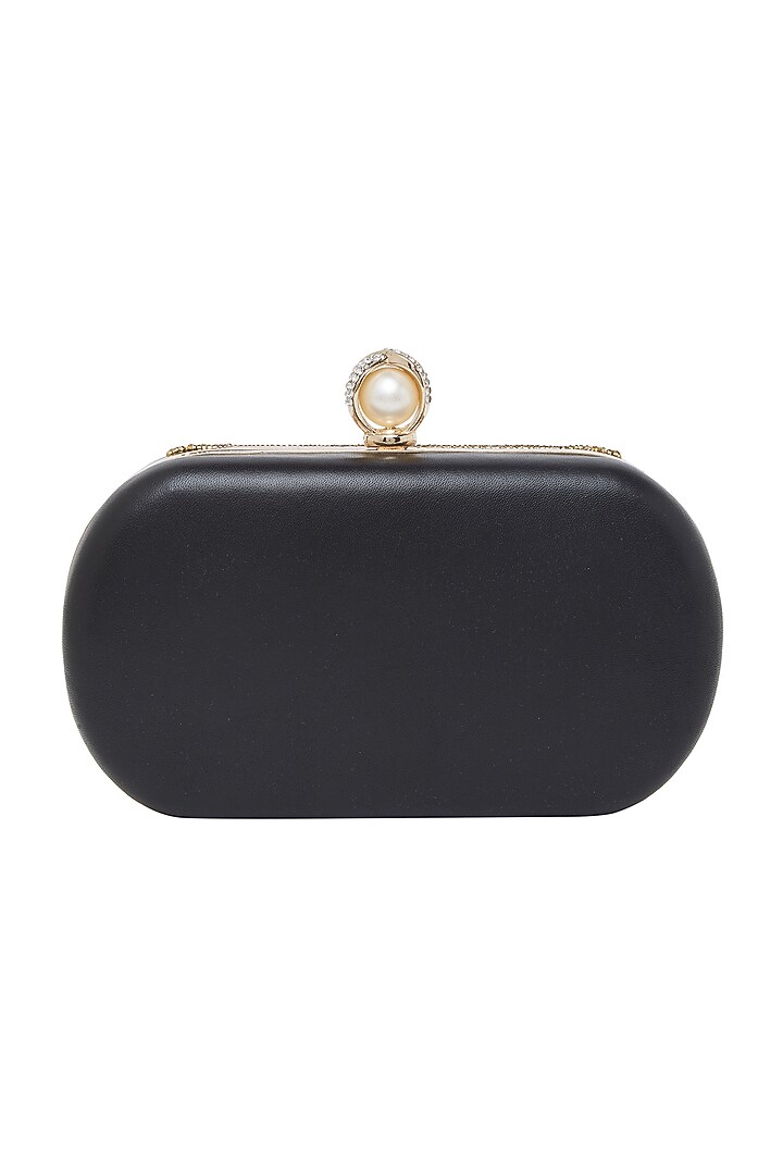Black Embroidered Clutch With Pearl Knob by Richa Gupta at Pernia's Pop Up Shop