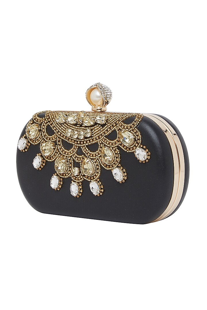 Black Embroidered Clutch With Pearl Knob by Richa Gupta at Pernia's Pop Up Shop