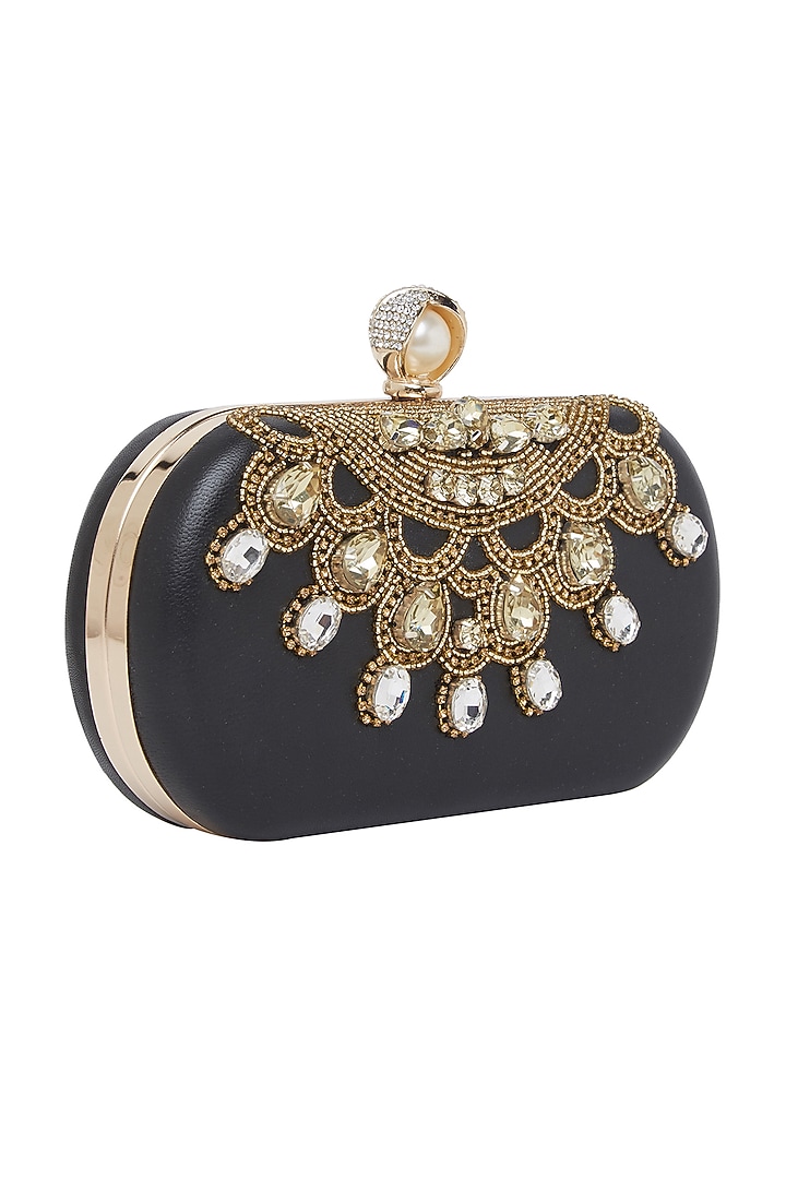 Black Embroidered Clutch With Pearl Knob by Richa Gupta at Pernia's Pop Up Shop