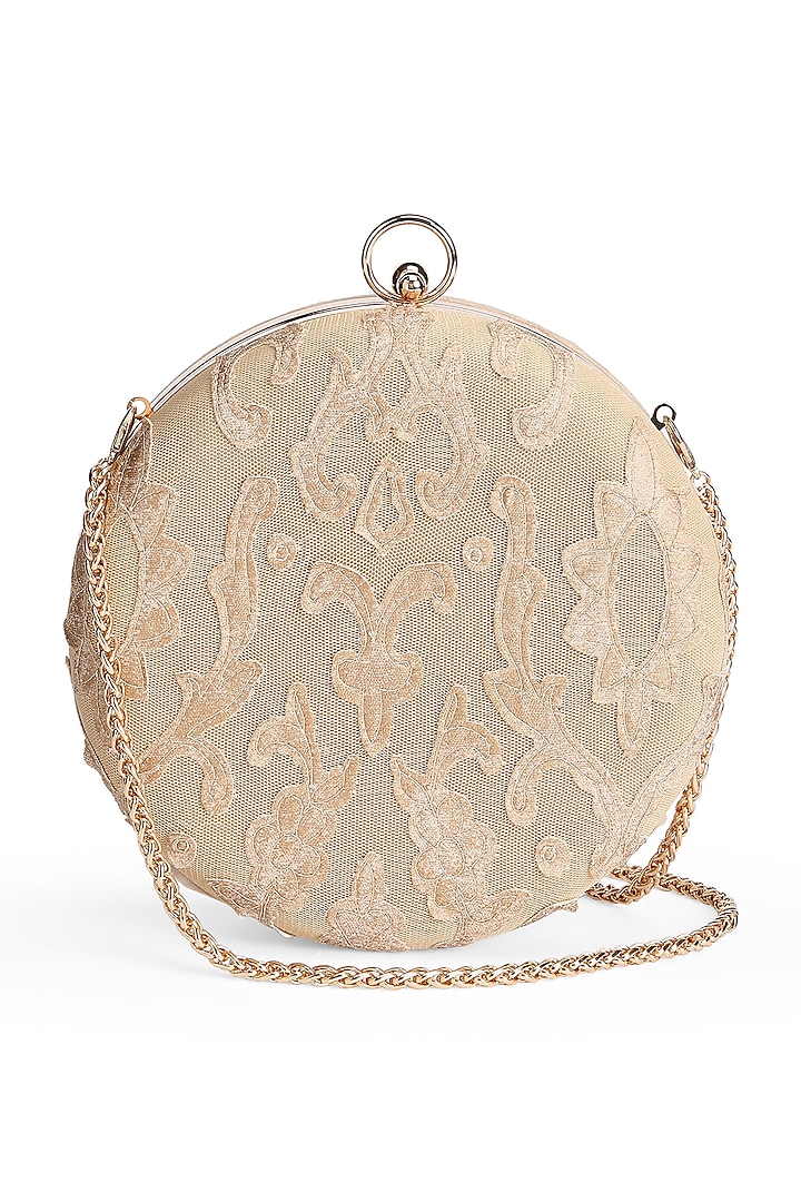 Beige Suede Applique Embroidered Round Clutch by Richa Gupta