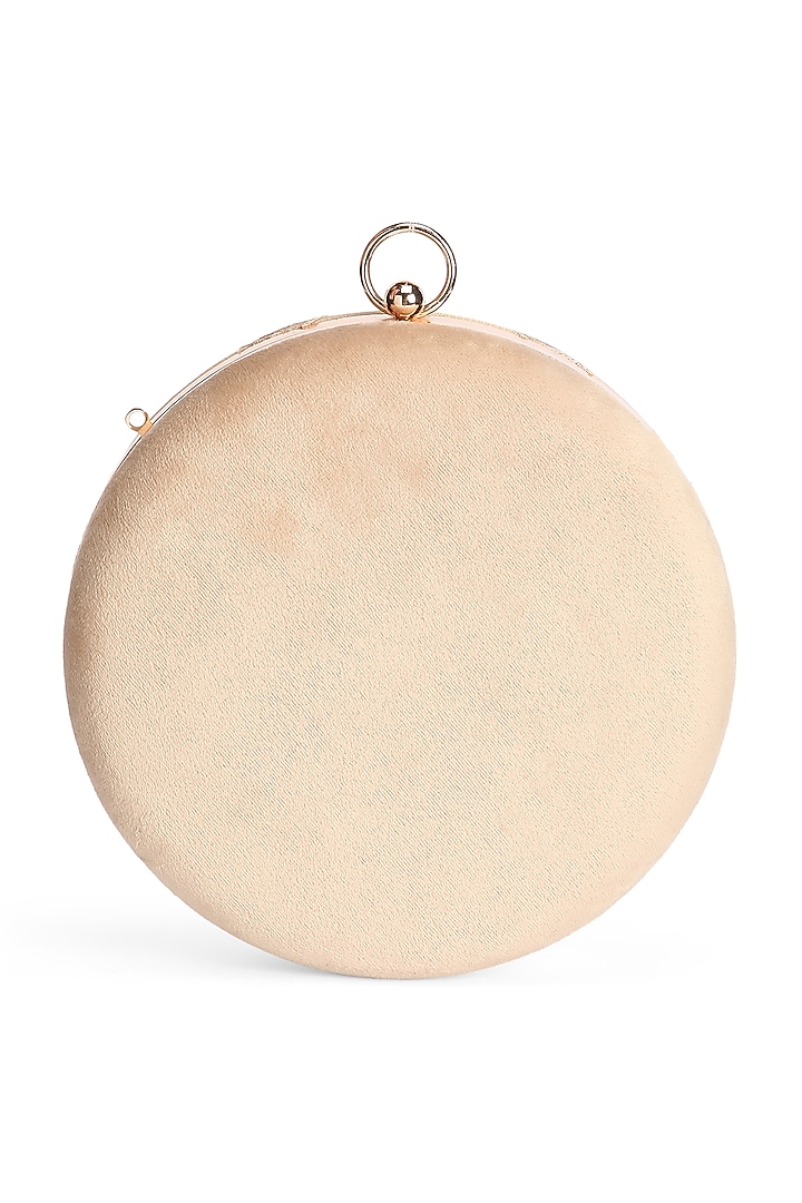 Beige Suede Applique Embroidered Round Clutch by Richa Gupta at Pernia's Pop Up Shop