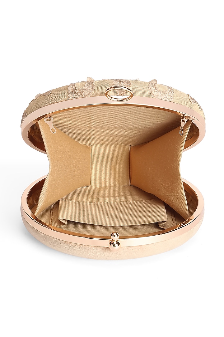 Beige Suede Applique Embroidered Round Clutch by Richa Gupta at Pernia's Pop Up Shop