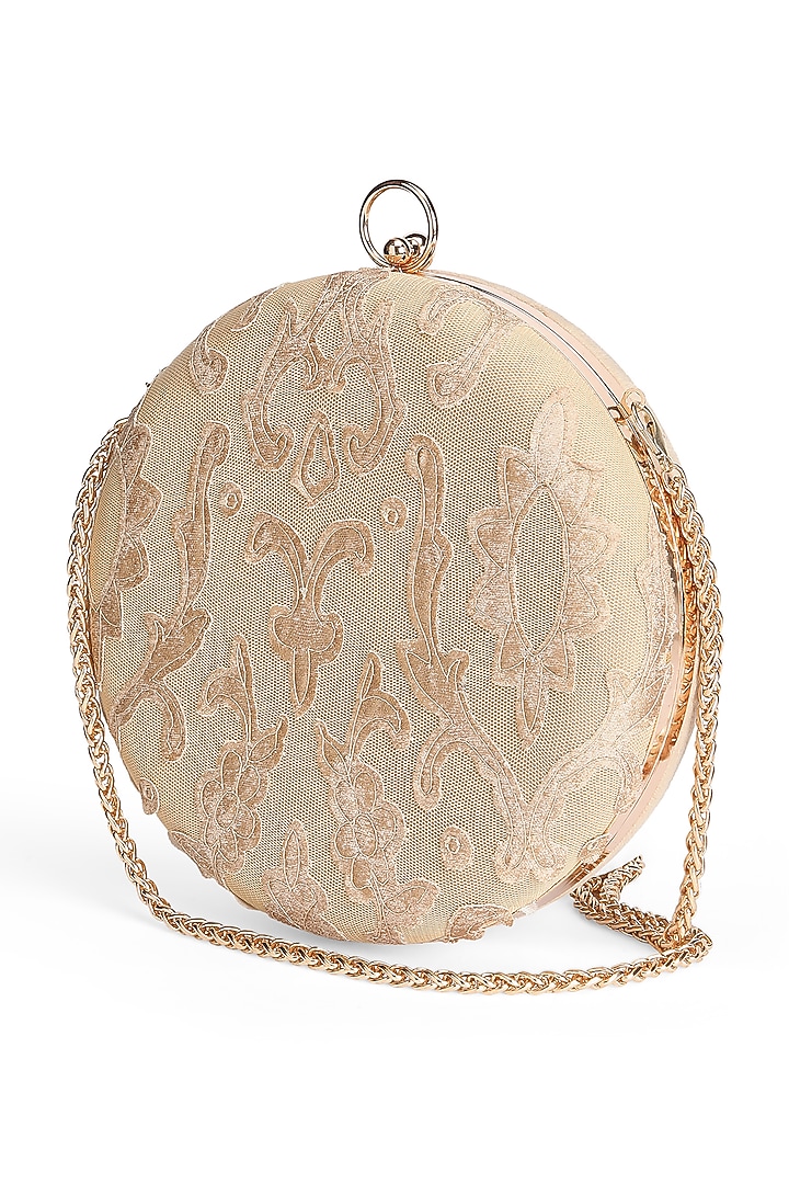 Beige Suede Applique Embroidered Round Clutch by Richa Gupta at Pernia's Pop Up Shop