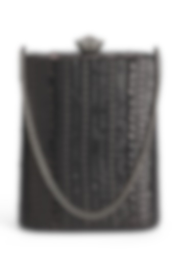 Black Suede Sequins Embroidered Rectangle Clutch by Richa Gupta