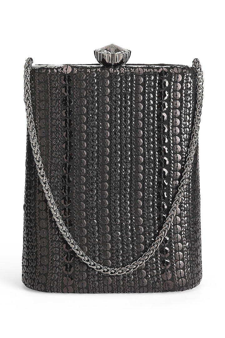 Black Suede Sequins Embroidered Rectangle Clutch by Richa Gupta