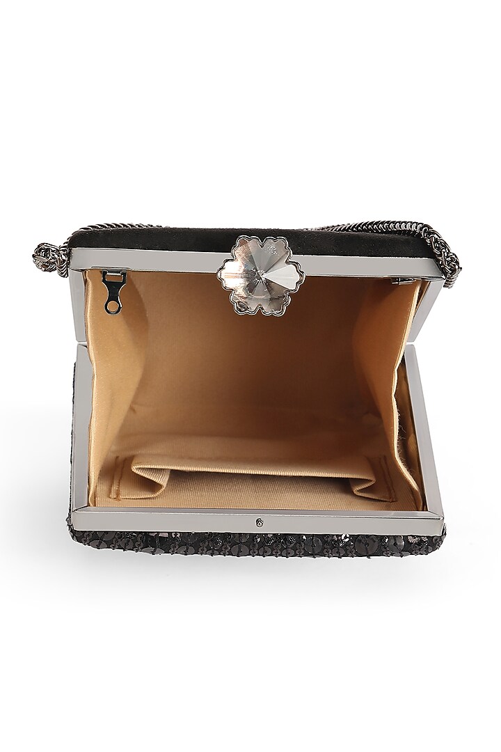 Black Suede Sequins Embroidered Rectangle Clutch by Richa Gupta at Pernia's Pop Up Shop