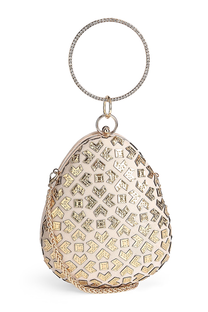 Gold Suede Leather Cutwork & Applique Embroidered Oval-Shaped Clutch by Richa Gupta