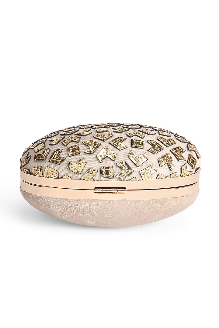Gold Suede Leather Cutwork & Applique Embroidered Oval-Shaped Clutch by Richa Gupta at Pernia's Pop Up Shop