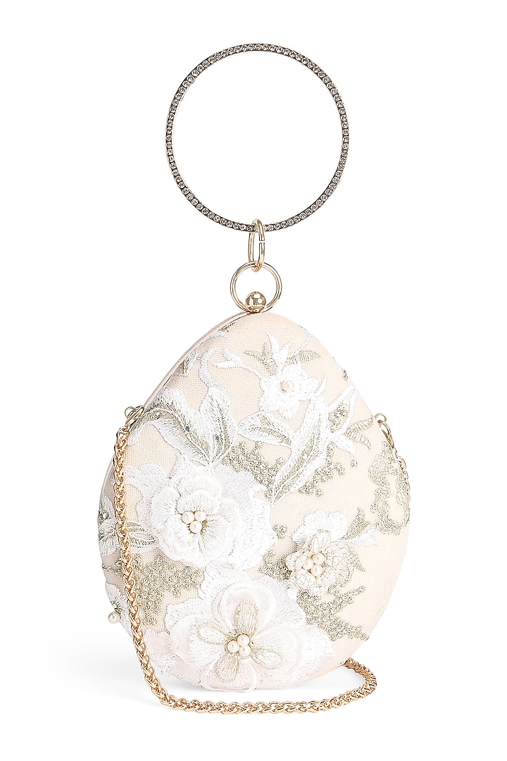 White & Gold Suede 3D Floral Embroidered Clutch by Richa Gupta