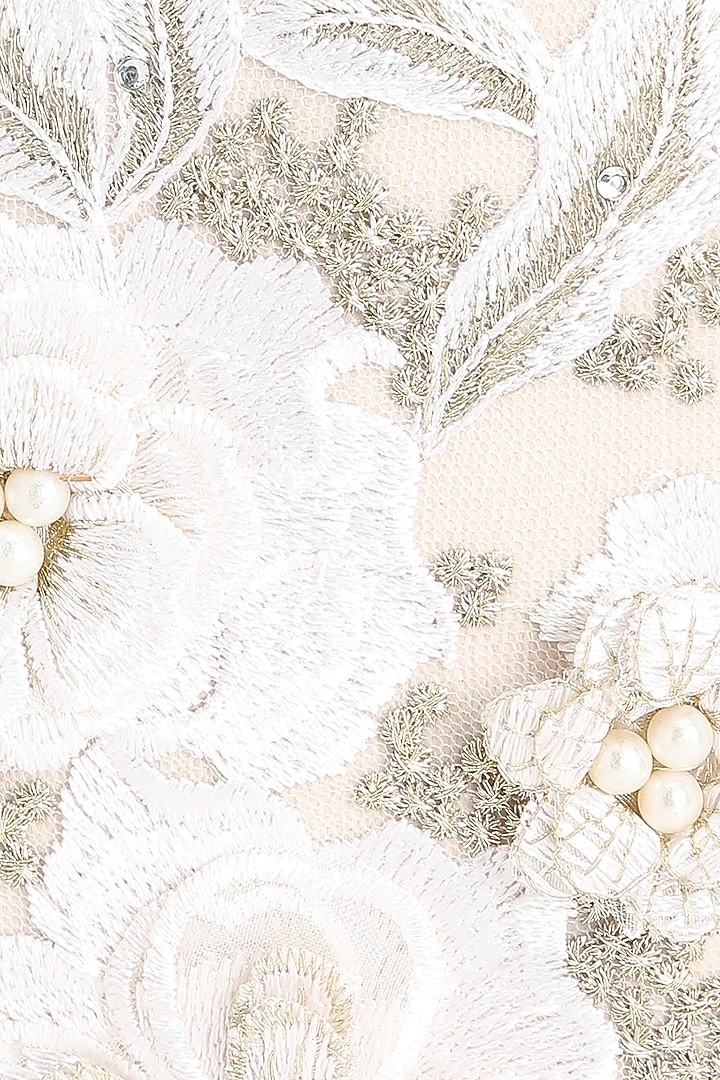 White & Gold Suede 3D Floral Embroidered Clutch by Richa Gupta at Pernia's Pop Up Shop