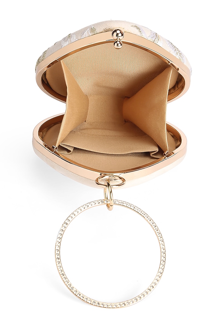 White & Gold Suede 3D Floral Embroidered Clutch by Richa Gupta at Pernia's Pop Up Shop