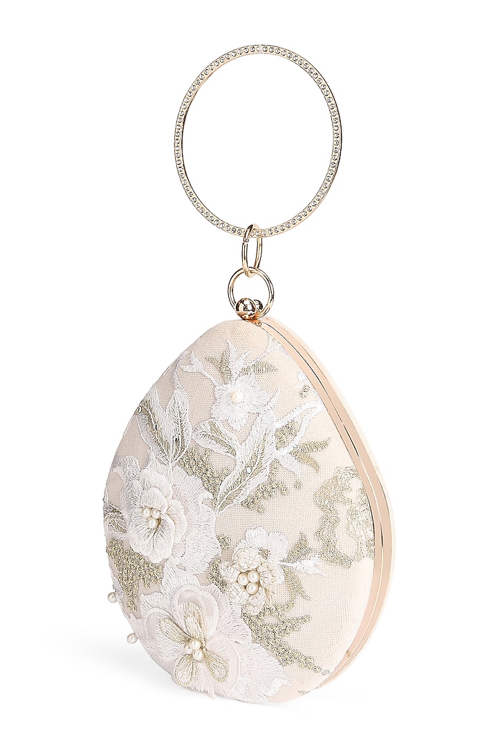 White & Gold Suede 3D Floral Embroidered Clutch by Richa Gupta at Pernia's Pop Up Shop