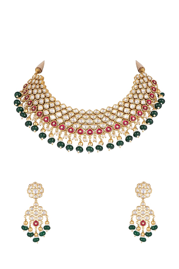 Gold Plated Green Bead Necklace Set by Rhmmya