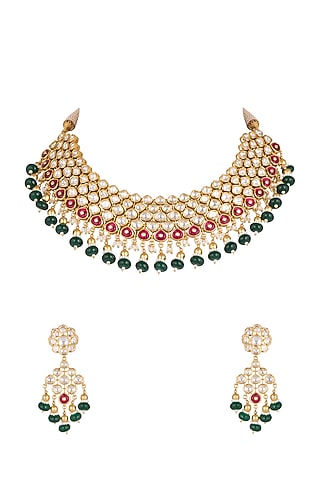 Gold Plated Green Bead Necklace Set by Rhmmya