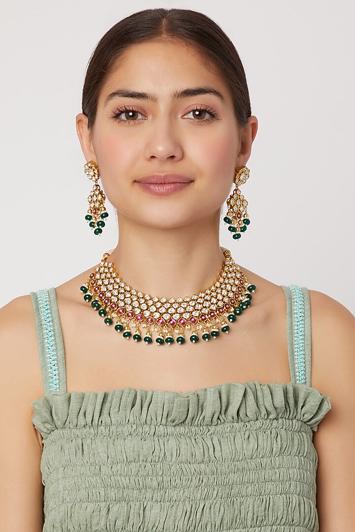 Gold Plated Green Bead Necklace Set by Rhmmya at Pernia's Pop Up Shop