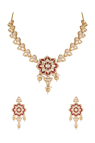 Gold Plated Kundan Hibiscus Necklace Set by Rhmmya