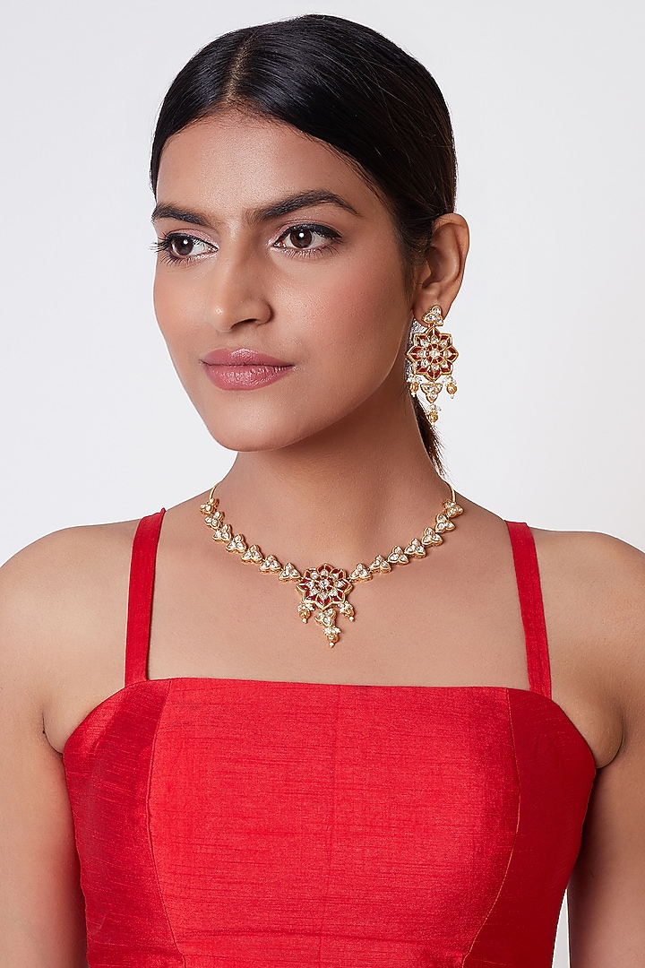 Gold Plated Kundan Hibiscus Necklace Set by Rhmmya at Pernia's Pop Up Shop